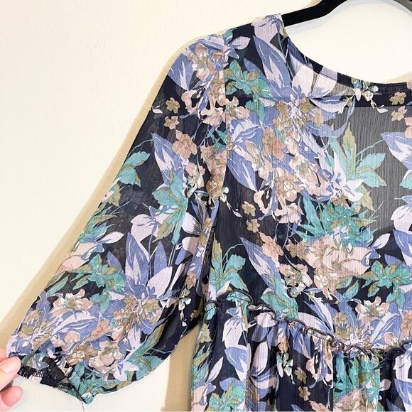 Express Women's Blue Floral V-Neck 3/4 Sleeve Tiered Cardigan Cover-Up Top Large - Picture 5 of 13